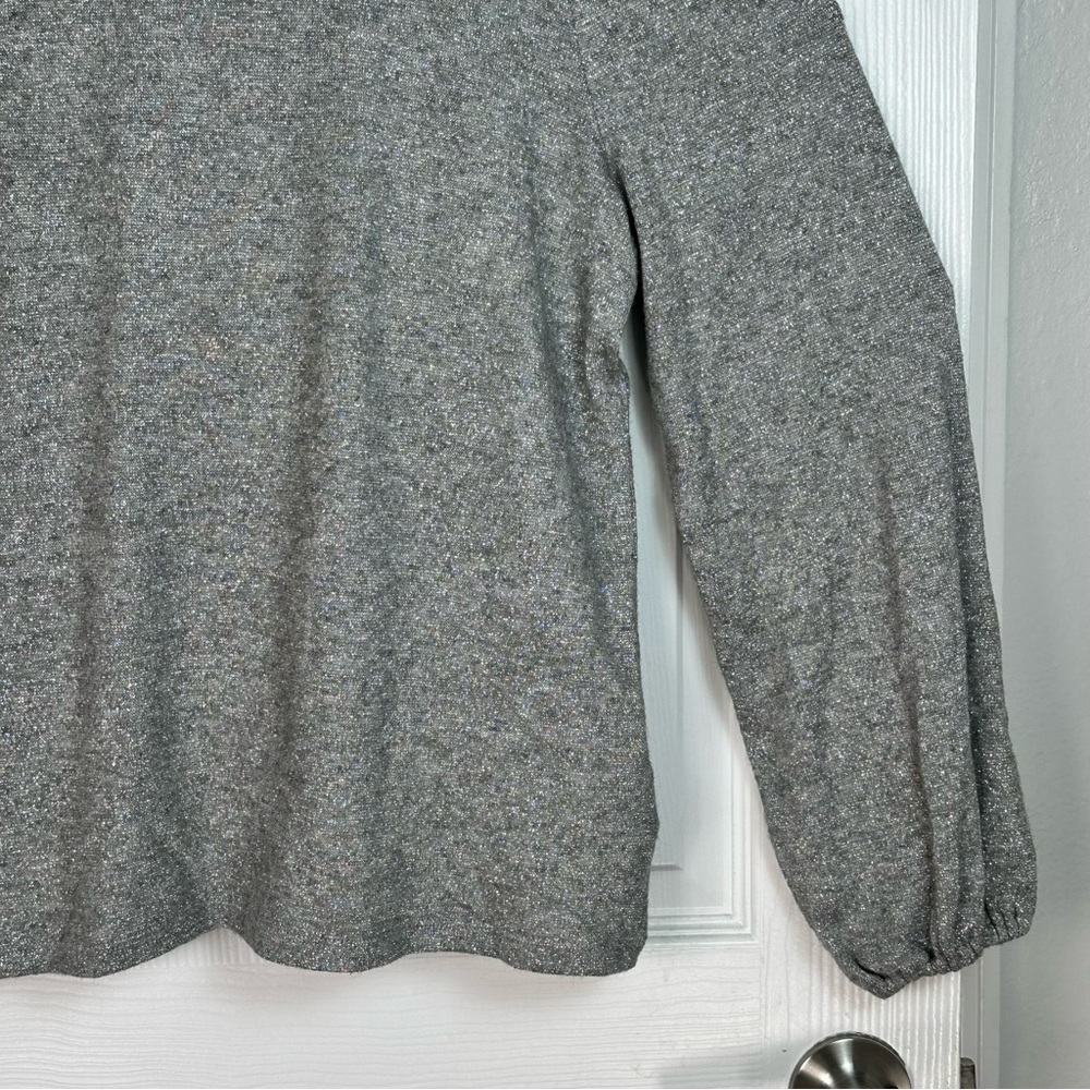 Talbots Gray Metallic Ruffle Neck Sweater L Long Sleeve Velvet Bow Back Holiday - Picture 4 of 12